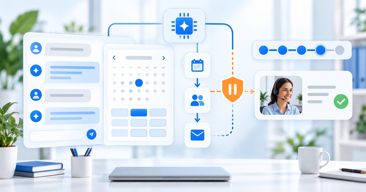AI-агент записи связан с календарём и CRM, ограничитель действий останавливает цепочку и передаёт диалог сотруднику