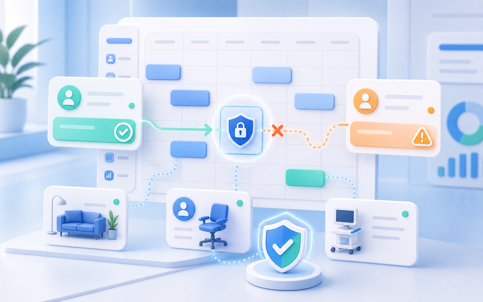 Иллюстрация системы бронирования, которая блокирует пересекающиеся записи и проверяет ресурсы