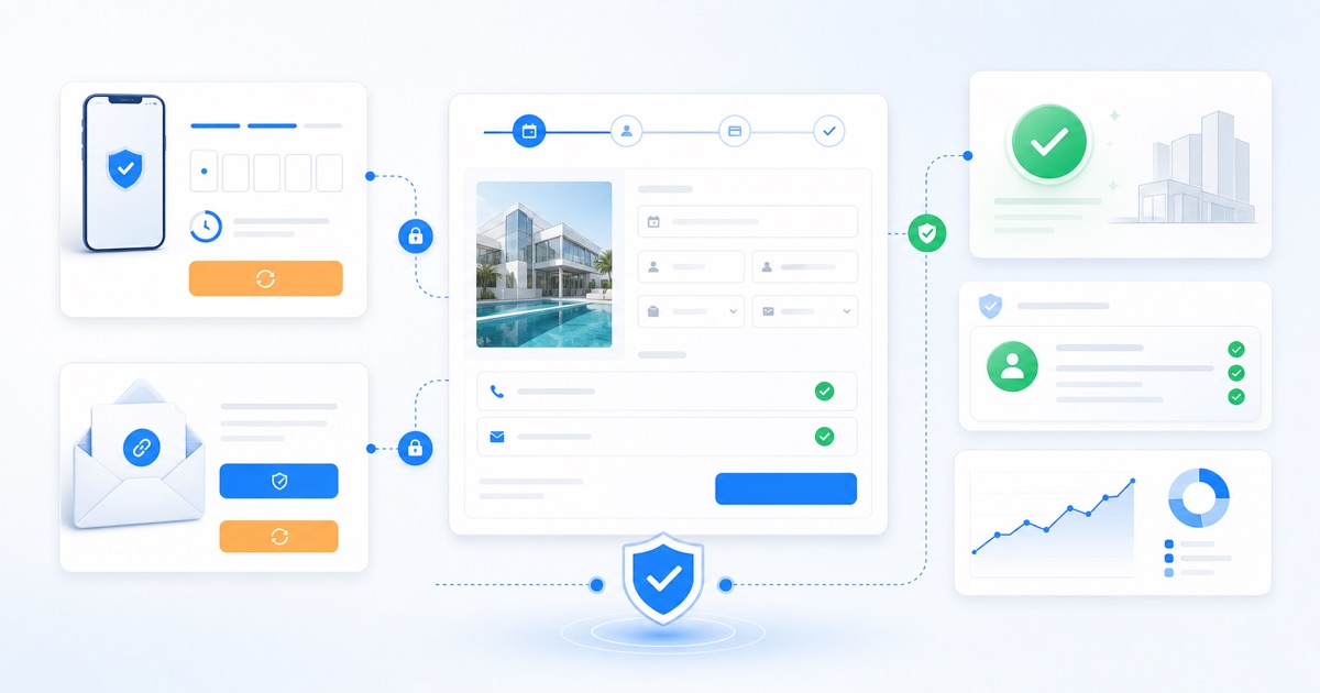 Интерфейс подтверждения телефона и email в онлайн-записи с OTP-кодом, ссылкой, сроком действия, защитой от повторов, CRM и аналитикой