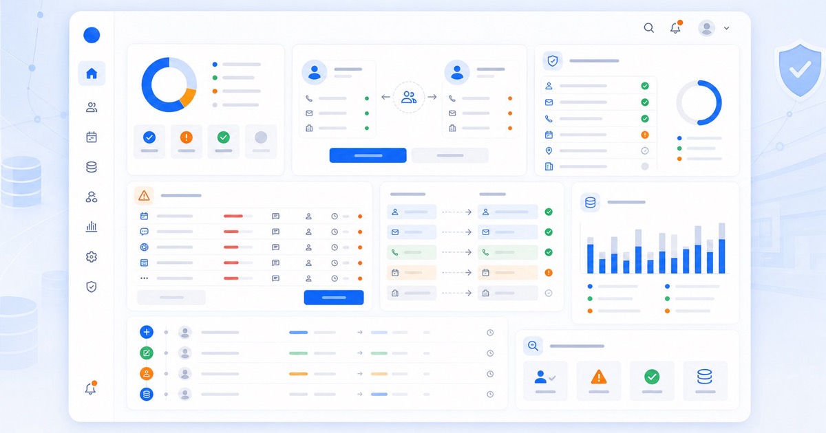Интерфейс контроля качества данных онлайн-записи в CRM с обязательными полями, нормализацией, дублями, статусами, ошибками интеграций, аудитом и отчётами