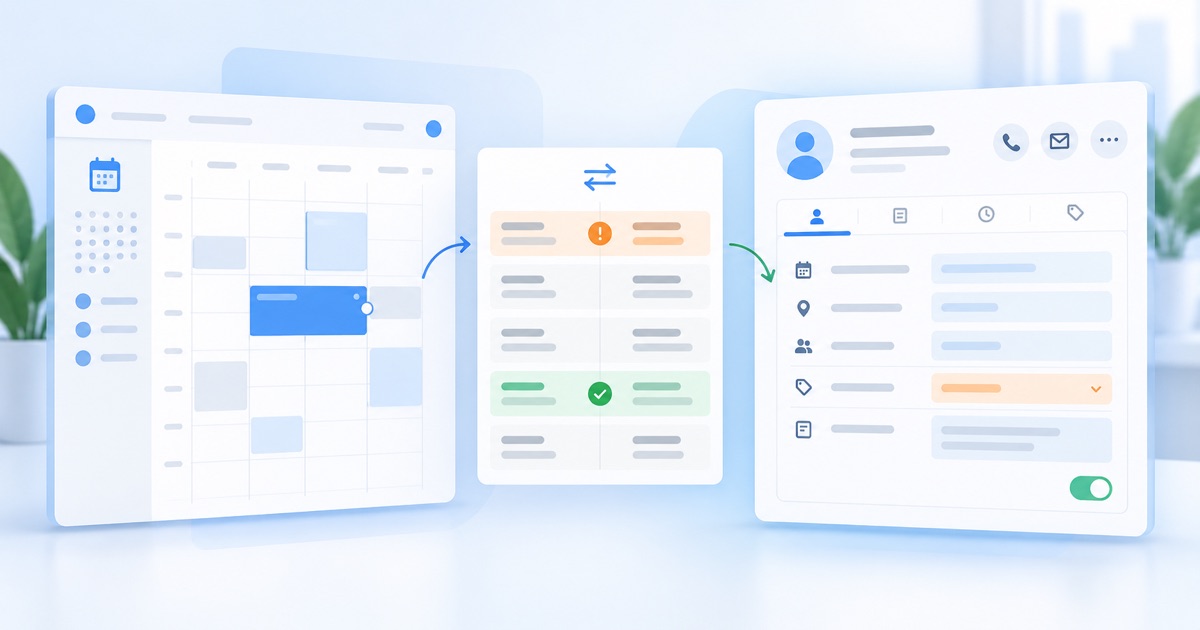 Календарь записи и карточка CRM с сопоставлением конфликтующих изменений