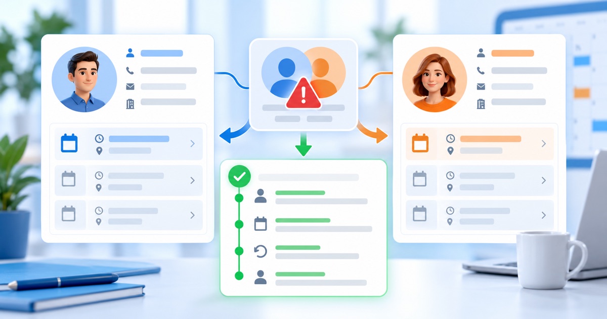 Два профиля клиентов CRM с отдельными записями, предупреждение об ошибочном объединении и журнал исправлений