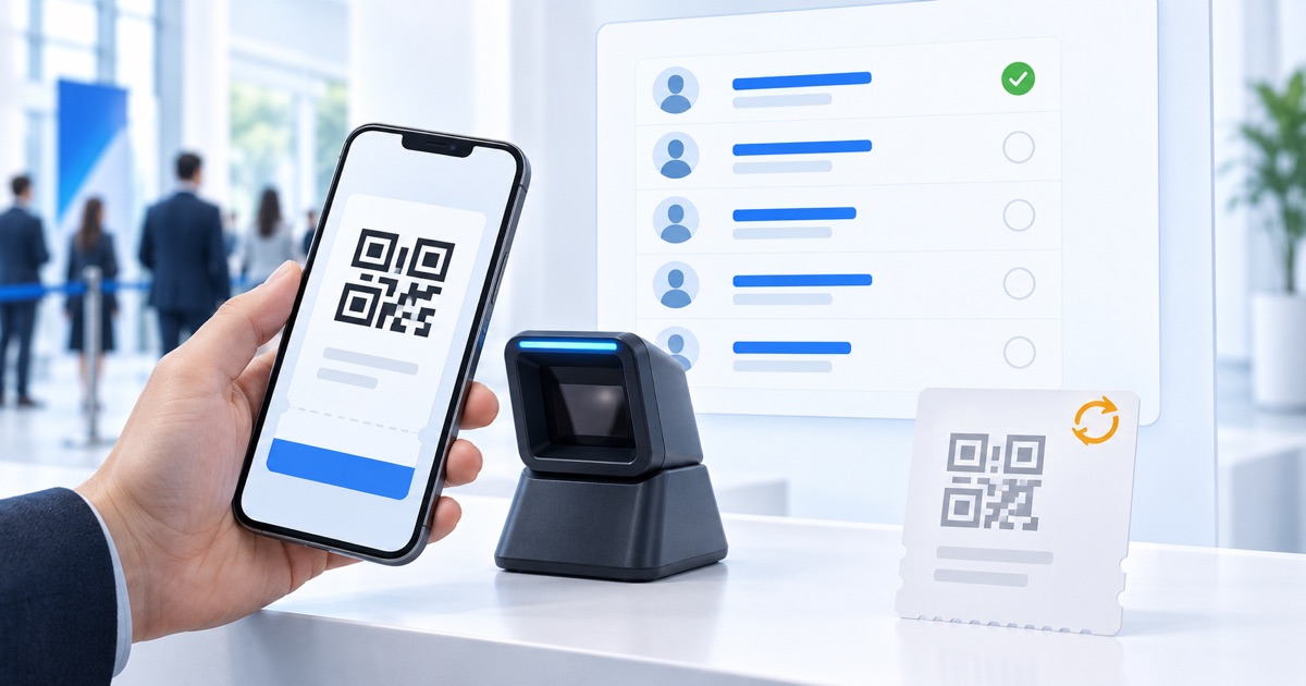 Телефон с условным QR-билетом, сканер на стойке и список отметок прихода гостей