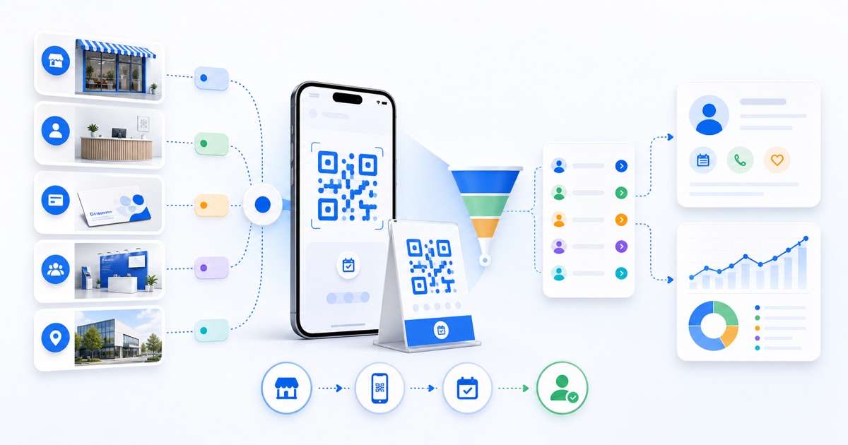 Интерфейс аналитики онлайн-записи по QR-кодам с офлайн-точками, филиалами, партнёрскими источниками, UTM и CRM-статусами