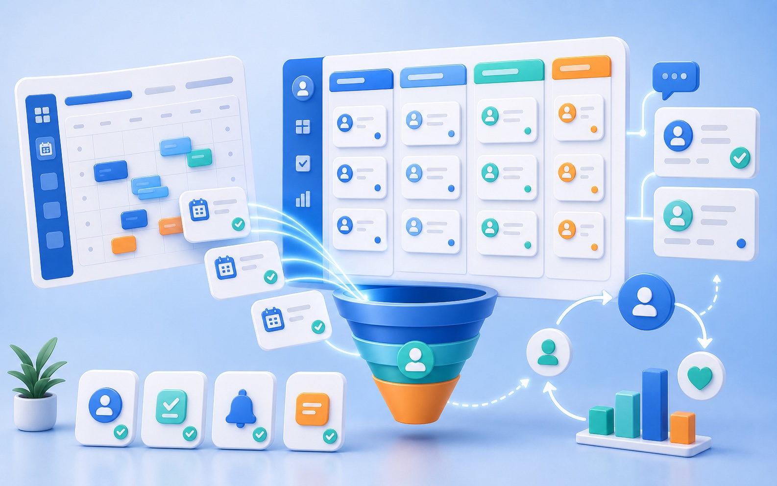 Иллюстрация онлайн-записей, которые превращаются в CRM-сделки, задачи и повторные касания