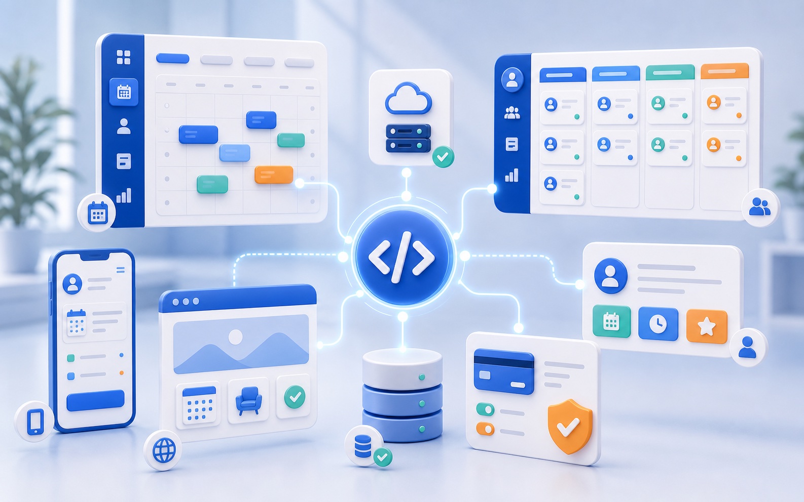 Иллюстрация API онлайн-записи, соединяющего календарь, сайт, мобильное приложение, CRM, оплату и внутренние системы