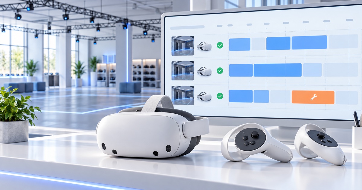 VR-гарнитура и контроллеры рядом с календарём игровых станций и готовности техники