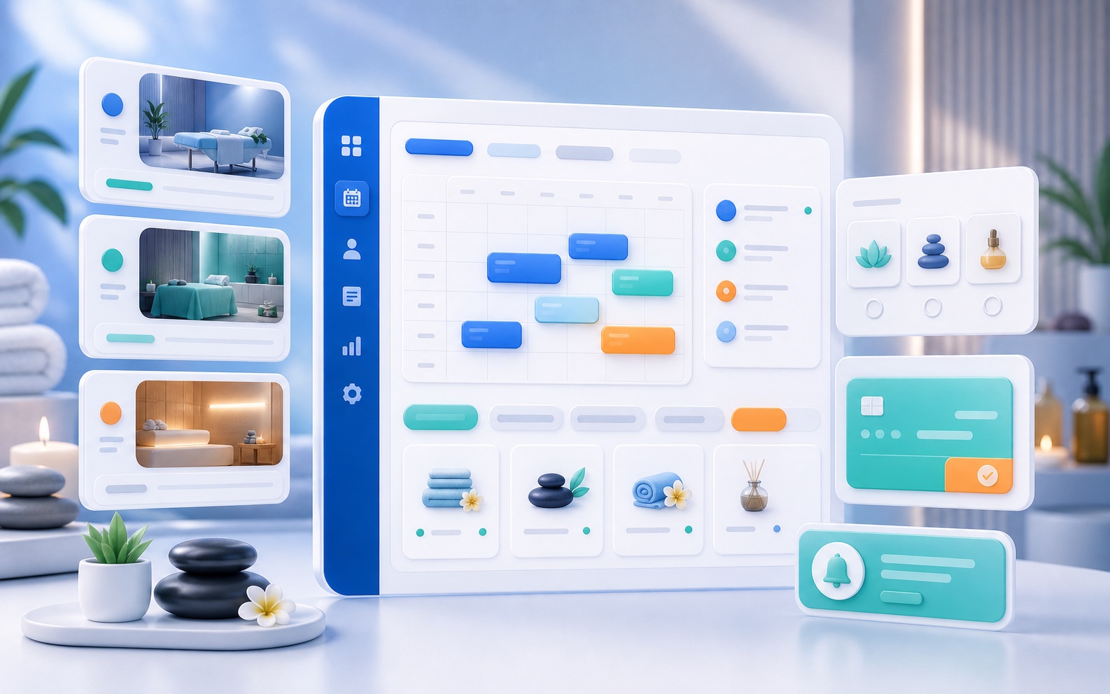 Иллюстрация онлайн-бронирования wellness и SPA с сеансами, кабинетами, опциями и оплатой
