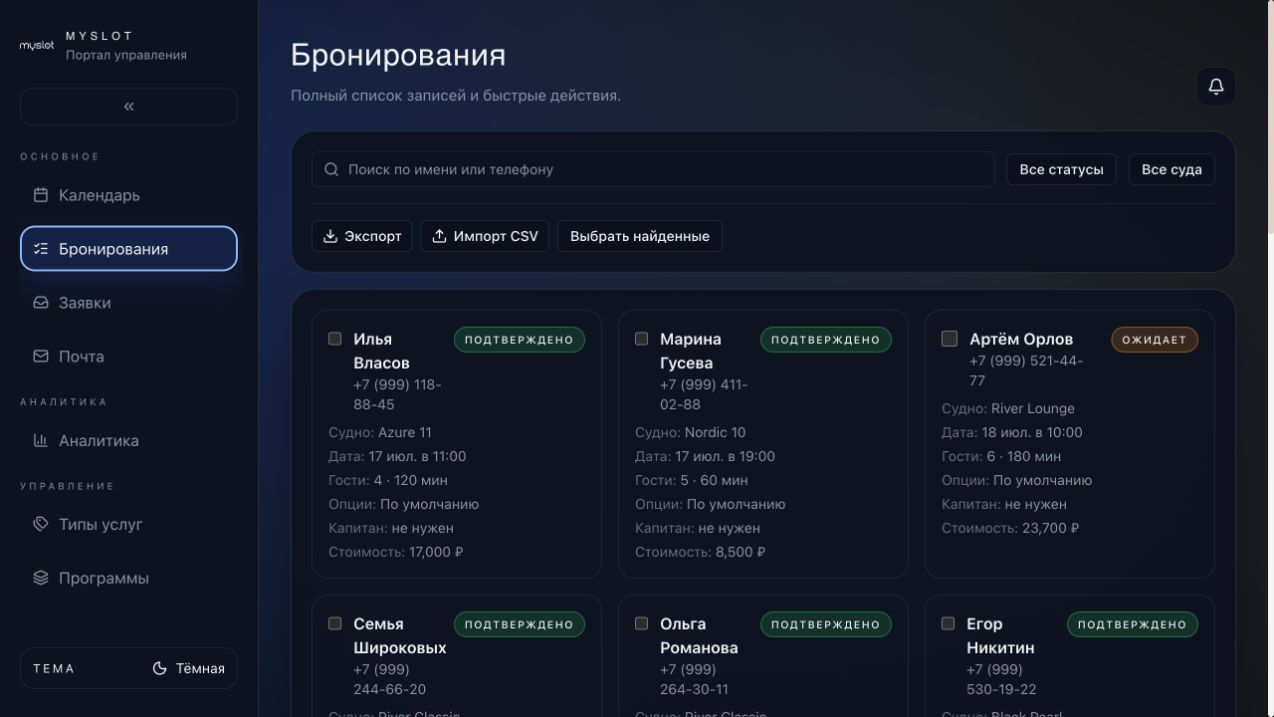 Список бронирований MySlot