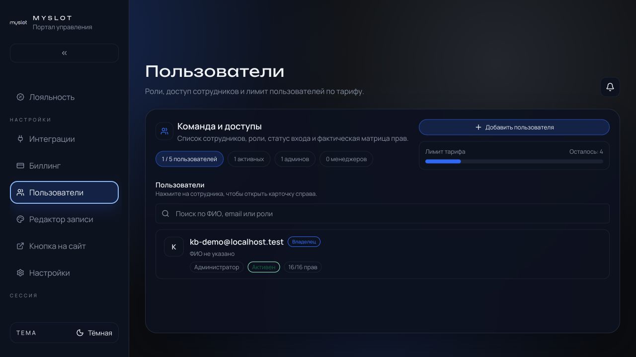 Пользователи и роли в MySlot
